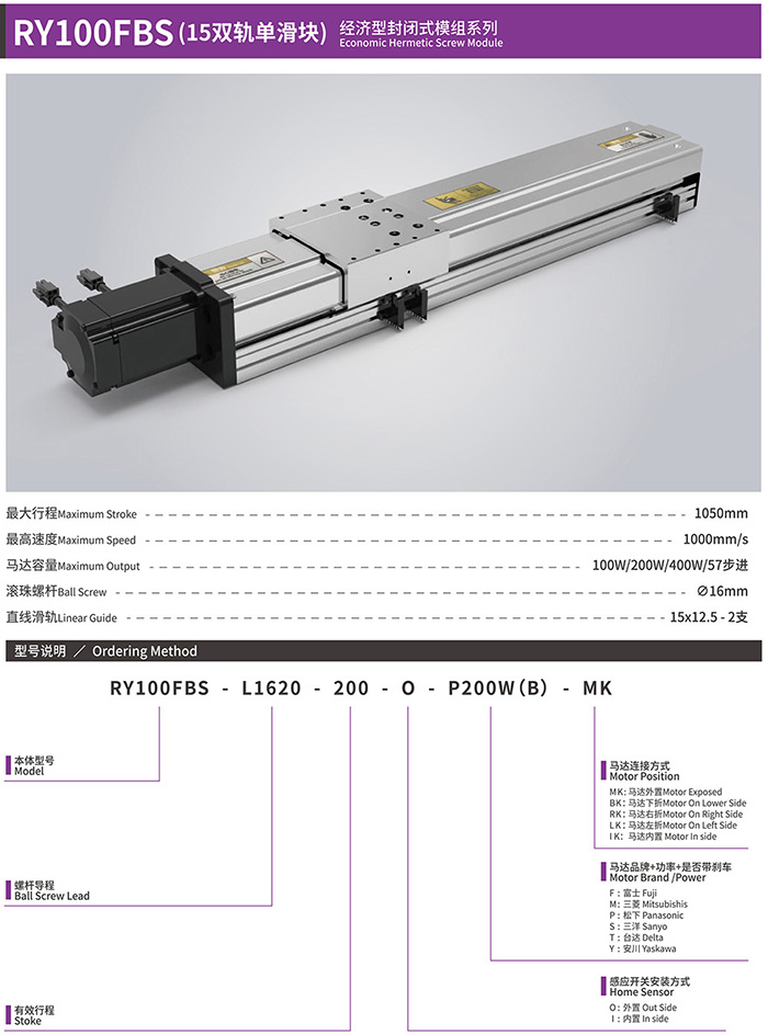 RY100FBS15双轨单滑块全 封闭式模组